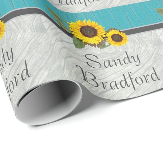 Rustic Wedding Sunflower Blauwgroen Wood Gray Wood Cadeaupapier (Rol Hoek)