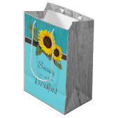 Rustic Wedding Sunflower Blauwgroen Wood Grijze st Medium Cadeauzakje (Voorkant Gekanteld)