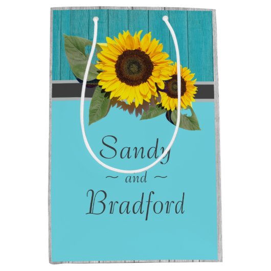 Rustic Wedding Sunflower Blauwgroen Wood Grijze st Medium Cadeauzakje (Voorkant)