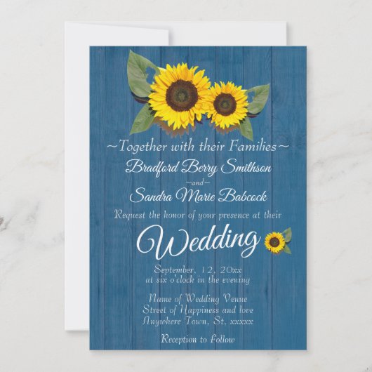 Rustic Wedding Sunflower Blue Wood Kaart (Voorkant)