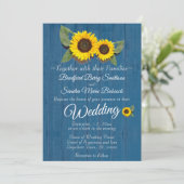 Rustic Wedding Sunflower Blue Wood Kaart (Staand voorkant)