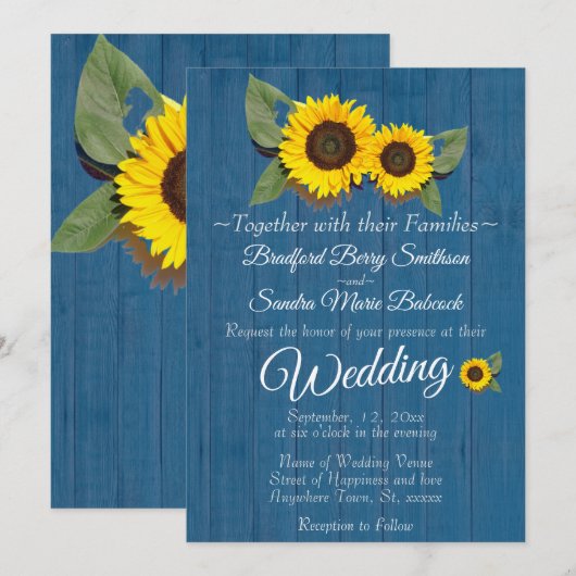 Rustic Wedding Sunflower Blue Wood Kaart (Voorkant / Achterkant)