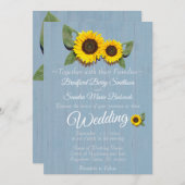 Rustic Wedding Sunflower Dusty Blue Wood Weddensch Kaart (Voorkant / Achterkant)
