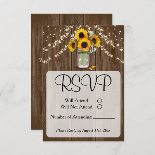 Rustic Wedding Sunflower Mason Jar RSVP Kaartje (Voorkant / Achterkant)