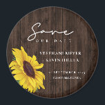 Rustic Wedding Sunflower Wood design behalve datum Magneet<br><div class="desc">Eenvoudig en elegant Rustic zijn de woorden die ik zou gebruiken om dit te beschrijven sparen de magneet van de Datum... met één enkele zonnebloem, over een bijtend houtontwerp, dat door elegante manuscriptkalligrafie wordt omringd. Dit unieke boho-ontwerp is een leuke manier om je verloving aan te kondigen en het podium...</div>