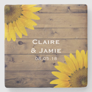 Rustic Wedding Sunflower Wood Landmonogram Stenen Onderzetter