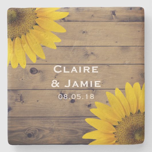 Rustic Wedding Sunflower Wood Landmonogram Stenen Onderzetter (Voorkant)