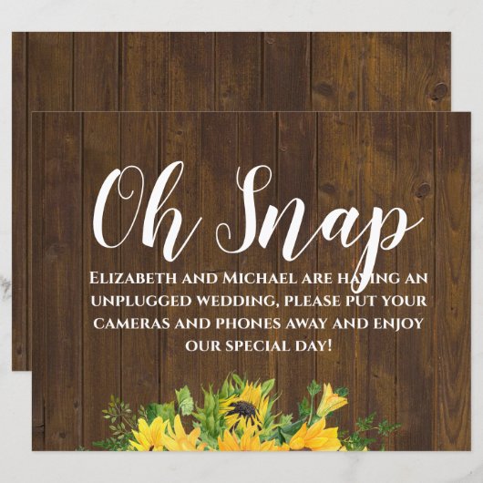 Rustic Wedding Unplugged Oh Snap Wood Sunflower (Voorkant / Achterkant)