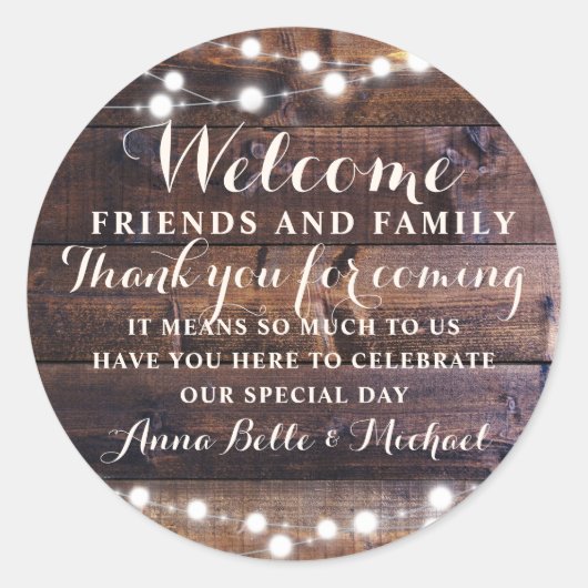 Rustic Wedding Welcome Favor Barn String light Ronde Sticker (Voorkant)