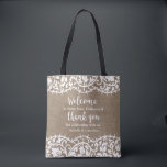 Rustic Wedding Welkom en bedankt gepersonaliseerd Tote Bag<br><div class="desc">Verrassend je gasten uit het hotel in de stad met deze persoonlijke canvas tas met een rand tegen een rustige achtergrond van faux. Voeg uw trouwplaats en de bruid- en groomnamen toe aan de leuke scriptwoorden "Welkom" en "Dank u". Vul met ganzen voor het weekend - water, kaarten, brochures, mooie...</div>