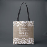Rustic Wedding Welkom en bedankt gepersonaliseerd Tote Bag<br><div class="desc">Verrassend je gasten uit het hotel in de stad met deze persoonlijke canvas tas met een rand tegen een rustige achtergrond van faux. Voeg uw trouwplaats en de bruid- en groomnamen toe aan de leuke scriptwoorden "Welkom" en "Dank u". Vul met ganzen voor het weekend - water, kaarten, brochures, mooie...</div>