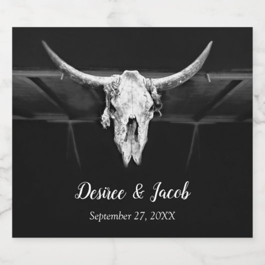 Rustic Wedding Western Black and White Bull Skull Sparkling Wijnetiket (Enkel label)