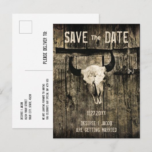 Rustic Wedding Western Bull Skull Save the Date Aankondigingskaart (Voorkant / Achterkant)