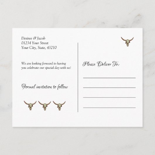 Rustic Wedding Western Bull Skull Save the Date Briefkaart (Achterkant)