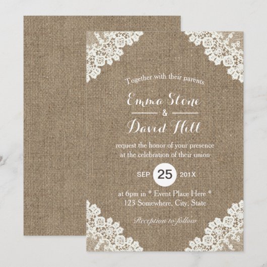 Rustic Wedding White Lace & Burlap  Kaart (Voorkant / Achterkant)