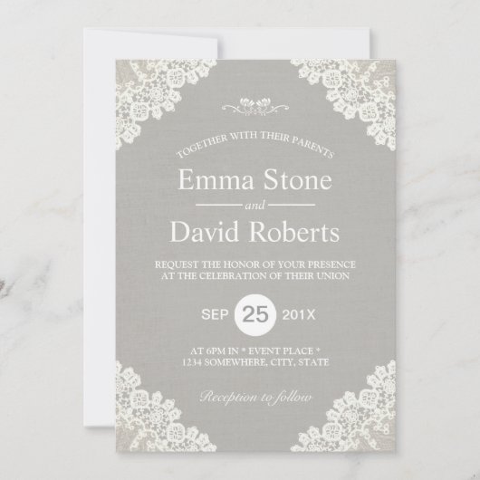 Rustic Wedding  White Lace Elegant Grey Kaart (Voorkant)