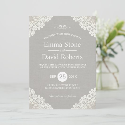 Rustic Wedding White Lace Elegant Grey Kaart (Staand voorkant)