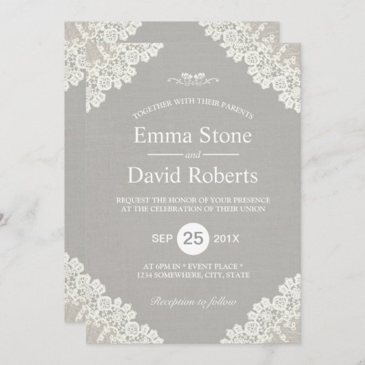 Rustic Wedding  White Lace Elegant Grey Kaart (Voorkant / Achterkant)