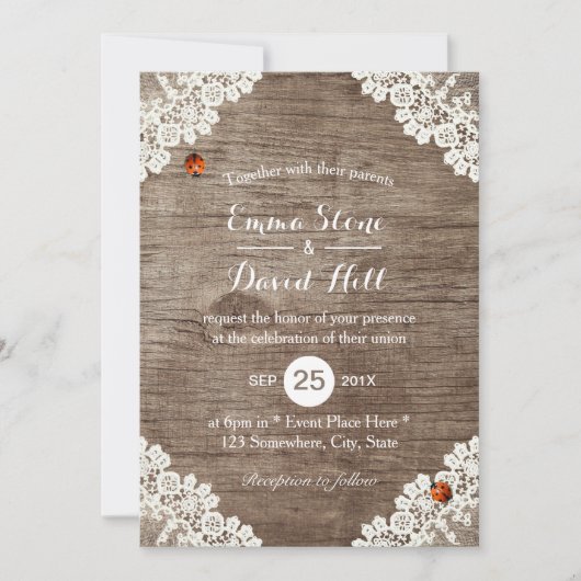 Rustic Wedding White Lace Ladybugs Kaart (Voorkant)