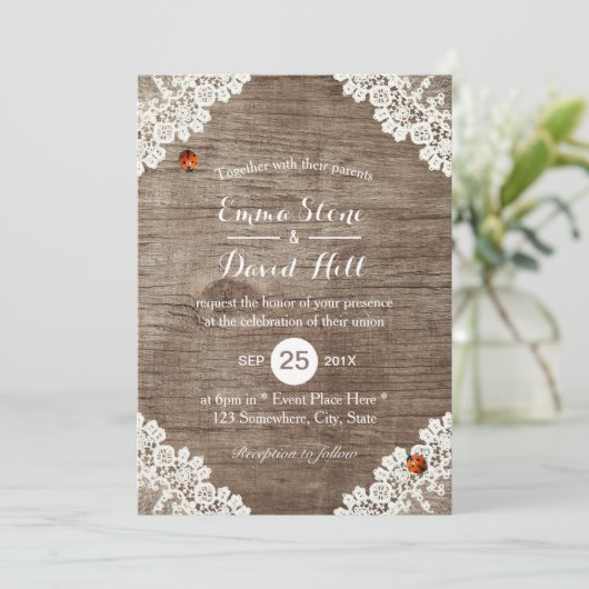 Rustic Wedding  White Lace Ladybugs Kaart (Staand voorkant)