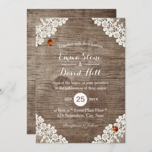 Rustic Wedding  White Lace Ladybugs Kaart (Voorkant / Achterkant)