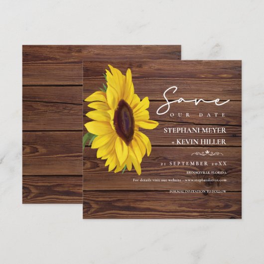 Rustic Wedding Wood Boho Chic Sunflower Save The Date (Voorkant / Achterkant)
