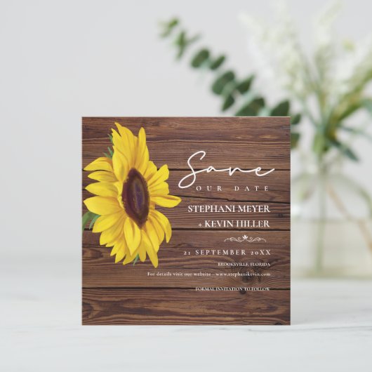 Rustic Wedding Wood Boho Chic Sunflower Save The Date (Staand voorkant)