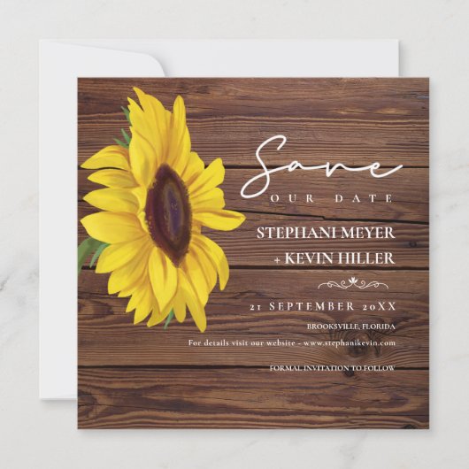 Rustic Wedding Wood Boho Chic Sunflower Save The Date (Voorkant)