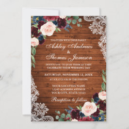 Rustic Wedding Wood Burgundy Blue Floral Invite Kaart
