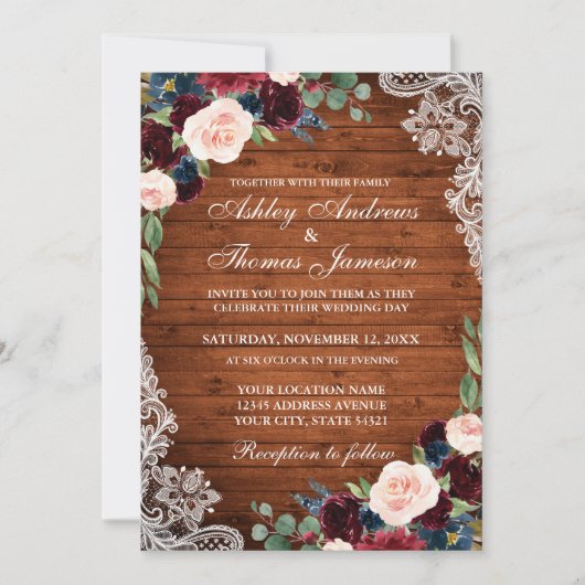 Rustic Wedding Wood Burgundy Blue Floral Invite Kaart (Voorkant)