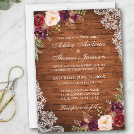 Rustic Wedding Wood Burgundy Floral Lace Invite Kaart