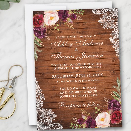 Rustic Wedding Wood Burgundy Floral Lace Invite Kaart