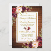 Rustic Wedding Wood Burgundy Floral Wedding Invite Kaart (Voorkant)
