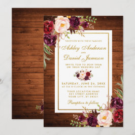 Rustic Wedding Wood Burgundy Floral Wedding Invite Kaart