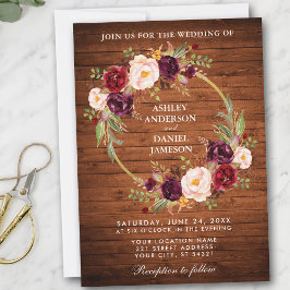 Rustic Wedding Wood Burgundy Floral Wreath Invite Kaart