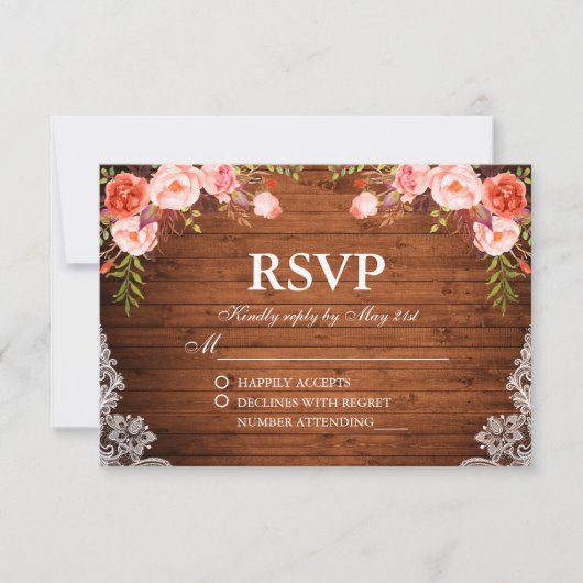 Rustic Wedding Wood Coral Floral Lace RSVP (Voorkant)