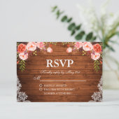 Rustic Wedding Wood Coral Floral Lace RSVP (Staand voorkant)