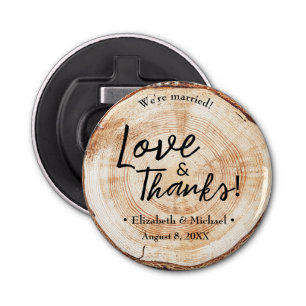Rustic Wedding wood Cut Disk Love and Bedankt Button Flesopener