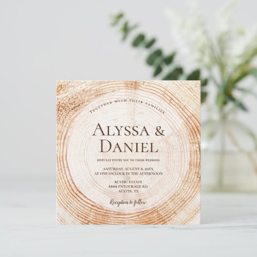 Rustic Wedding Wood Cut Grain Custom Invitation Kaart (Staand voorkant)