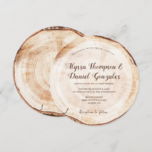 Rustic Wedding Wood Cut Grain Slice Script Namen Kaart (Voorkant / Achterkant)