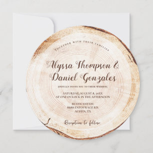 Rustic Wedding Wood Cut Grain Slice Script Namen Kaart