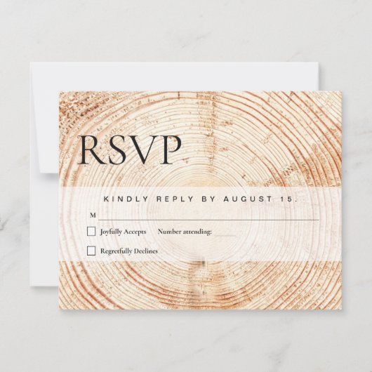 Rustic Wedding Wood Cut Slice Mail als reactie RSVP Kaartje (Voorkant)