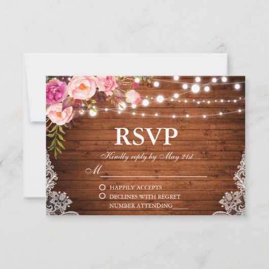 Rustic Wedding Wood Floral Lights Lace RSVP (Voorkant)