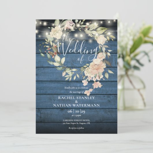 Rustic Wedding Wood Floral String Lights Monogram Kaart (Staand voorkant)