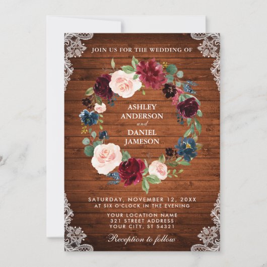 Rustic Wedding Wood Floral Wreath Lace Invite B Kaart (Voorkant)