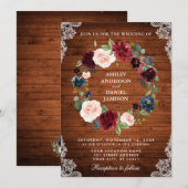 Rustic Wedding Wood Floral Wreath Lace Invite B Kaart (Voorkant / Achterkant)