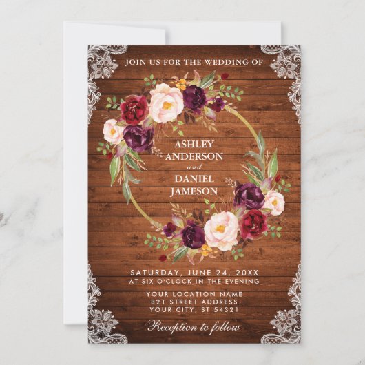 Rustic Wedding Wood Floral Wreath Lace Invite Br Kaart (Voorkant)