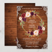 Rustic Wedding Wood Floral Wreath Lace Invite Br Kaart (Voorkant / Achterkant)