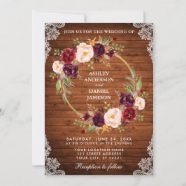 Rustic Wedding Wood Floral Wreath Lace Invite Br Kaart