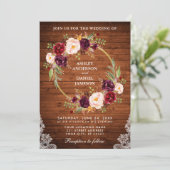 Rustic Wedding Wood Floral Wreath Lace Invite Kaart (Staand voorkant)